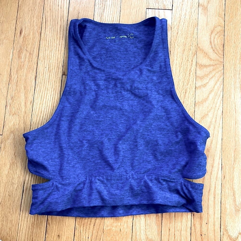 Outdoor Voices blue slashback slash back high neck crop top L large deep sea